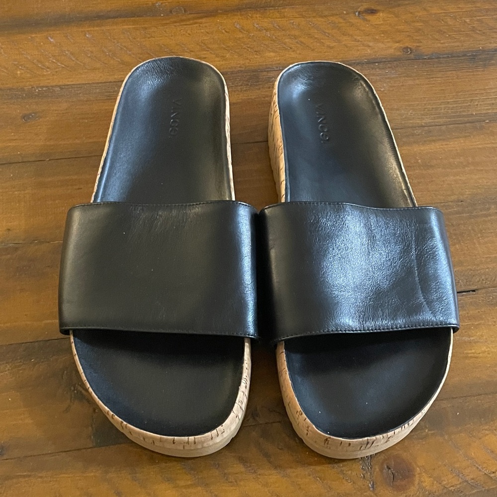 NEW Vince Black leather Slide Sandals with Cork Platform
